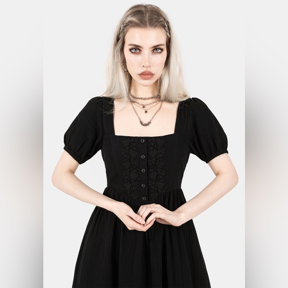 Rare Disturbia Black Alder Midi Dress with Puff Sleeves US sz 8, fits like a 10. - Picture 5 of 7